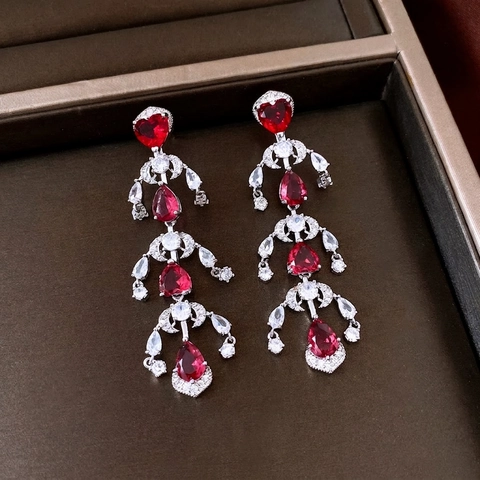Orecchini Cuore Zircone Rosso In Rame Con Perno Argento 925 Stile Palazzo Vintage Gioielli Per Donne