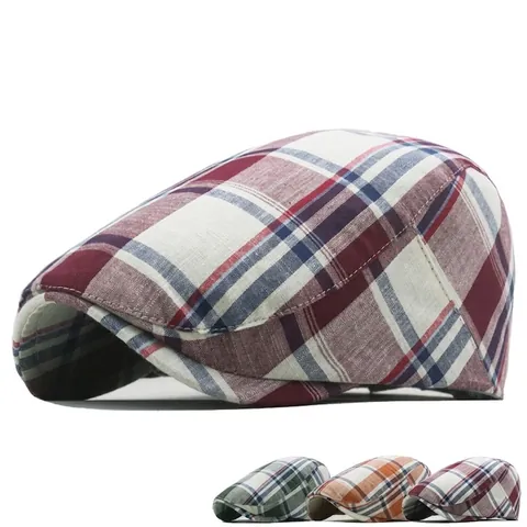 Cotton Plaid Beret Hat Adjustable British Style Retro Flat Cap Ivy Newsboy Cap Breathable Outdoor Casual Sunshade Hat
