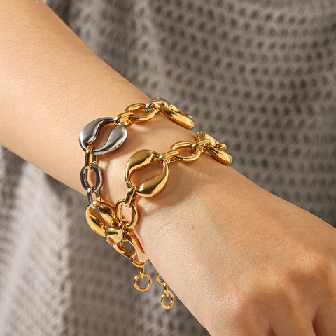 Bracciale A Catena Grossa Geometrico Asimmetrico In Acciaio Inossidabile Stile Industriale Per Donna Gioielli Bicolore