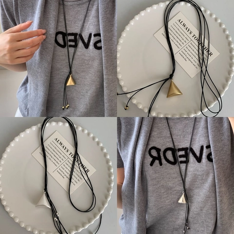 Collier Pendentif Pyramide Triangle Géométrique Avec Cordon En Cuir Réglable Style Industriel Minimaliste Longue Chaîne