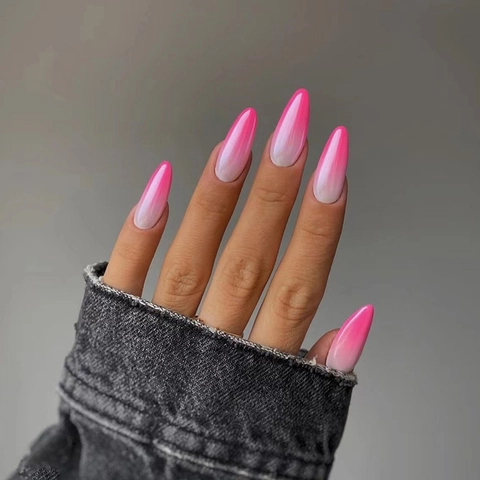 Faux Ongles Press On Forme Amande Dégradé Rose Blanc Ombre Brillant Style Doux Pour Femmes