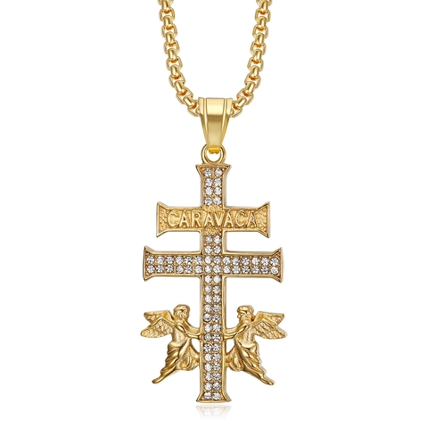 Collana Con Pendente Croce Di Caravaca Hip Hop Ali D'Angelo Iced Out Placcato Oro Acciaio Inossidabile Gioielli Religiosi Uomo Donna