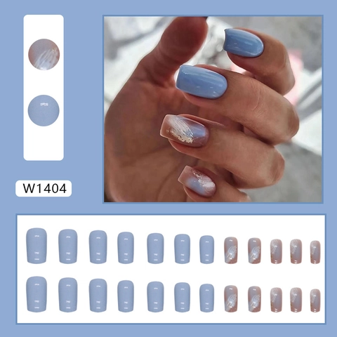 Press On Nails Blue Nude Square False Nails Elegant Marble Gold Foil Glossy Wearable Art Nail Tips Women