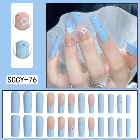 Coffin Press On Nails Lange Franse Lichtblauwe Kunstnagels Met 3D Bloem Rijststeen Kunstparel Decoratie Manicure
