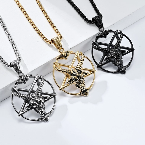 Collana Con Ciondolo Pentagramma Testa Di Capra Baphomet Acciaio Inossidabile Retro Gotico Punk Uomo