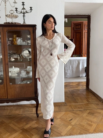 Vestito Lungo In Maglia Maniche Lunghe Scollo A V Jacquard Geometrico Aderente Elegante Da Donna