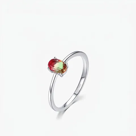 Minimalistischer Ring Aus 925 Sterlingsilber Mit Ovalem Zirkon In Farbverlauf Wassermelonen-Tourmalin-Optik Damen
