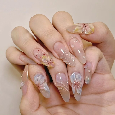 Long Almond Press On Nails Floral Three-Dimensional Embossed Flower Water Drop Design ABS Plastic Translucent Pink For Women