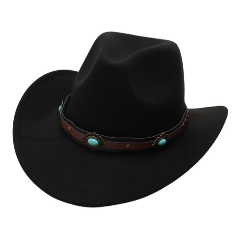 Western Cowboy Hat Wool Felt Wide Brim Sun Protection Ethnic Style Turquoise Leather Band Vintage Fedora For Men Women