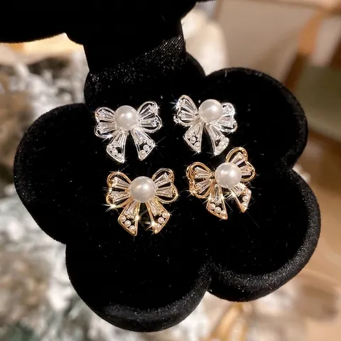 Orecchini A Lobo Con Fiocco E Künstliche Perle Con Perno In Argento Sterling 925 Zircone Rame Stile Elegante Retrò Francese Donna