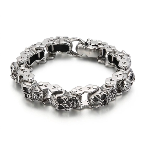 Pulsera De Cadena Calavera Acero Inoxidable 316L Heavy Biker Punk Rock Gótico Joyería Para Hombres Acabado Oxidado