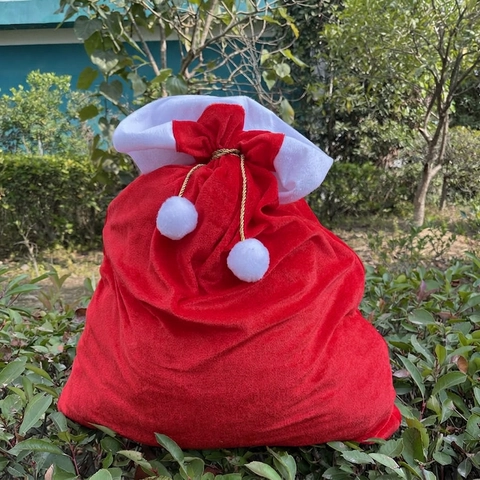 Christmas Santa Claus Gift Bag Red Velvet Drawstring Sack White Faux Fur Trim Gold Cord Pom Poms Festive Party Decoration