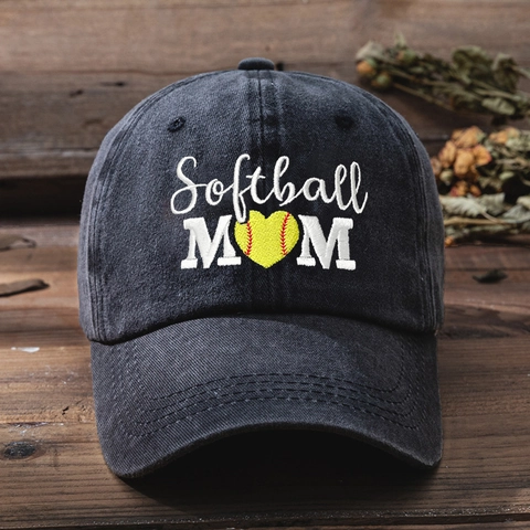 Cappellino da Baseball in Cotone Lavato Ricamato Softball Mom Cuore Casual Estivo Parasole Retro Soft Top per Donna