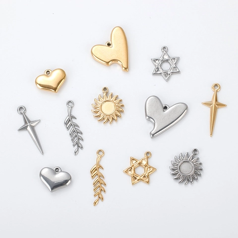 Dijes De Acero Inoxidable Colgantes Cruz Corazón Estrella Sol Hoja DIY Para Fabricación De Joyas Accesorios