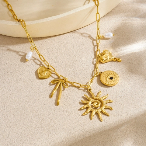 Collar De Acero Inoxidable Chapado En Oro Con Colgantes De Perlas Artificiales Artificiales Sol Corazón Ojo Turco Lazo Para Mujer