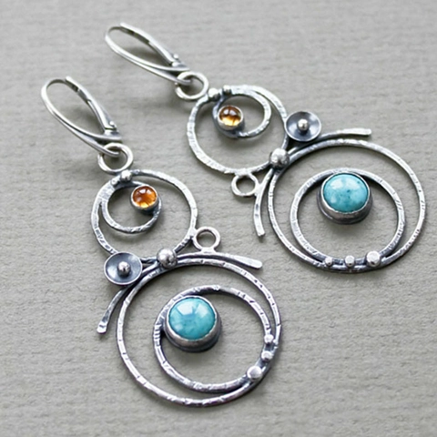Vintage Boho Hohlkreis Ohrhänger Mit Türkis Und Bernstein Stein Antik Silber Farbe Geometrischer Schmuck Für Damen