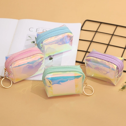 Mini Münzbörse Irisierend PVC Holografisch Laser Reißverschluss Kleine Aufbewahrungstasche Mit Goldenem Schlüsselanhänger