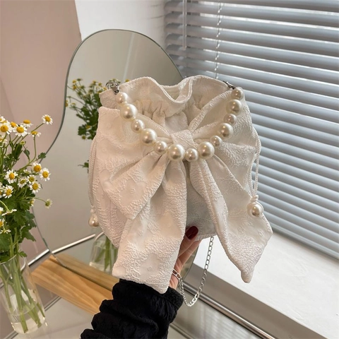 Schleife Umhängetasche Damen Künstliche Perlengriff Jacquard Stoff Blumenmuster Mini Eimertasche Elegant Süß