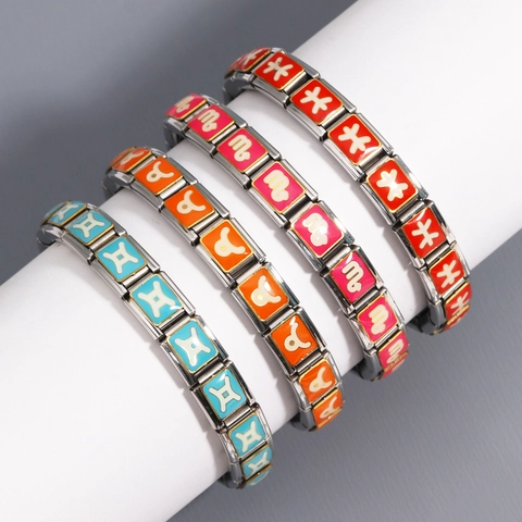 Stainless Steel Italian Charm Bracelet DIY Modular Stretchable Enamel Zodiac Signs Fashion Jewelry For Men Women