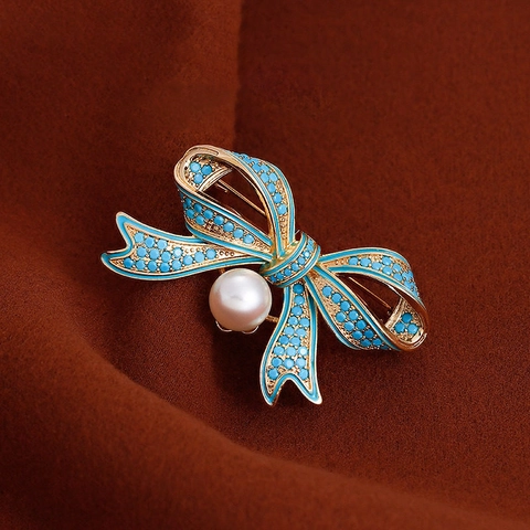 Spilla Fiocco Vintage Per Donna Con Perla Artificial E Perline Blu Lega Elegante Accessorio Di Lusso