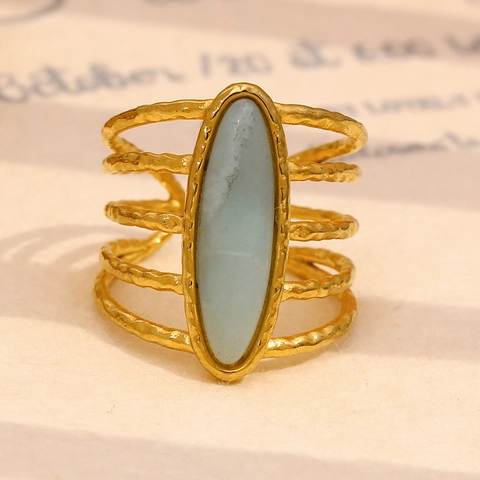 Stainless Steel Open Ring 18K Gold Plated Hammered Texture Light Blue Gemstone Bohemian Vintage Style For Women