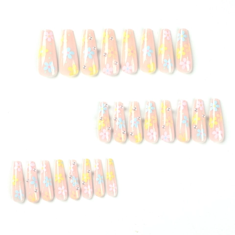 Press On Nagels Lange Kistvorm Macaron Bloem Kunstparel Decoratieve Kunstnagels Voor Vrouwen Zoete Verse Stijl