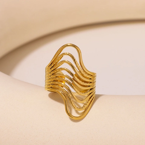 Edelstahlring Für Frauen 18K Vergoldet Unregelmäßig Mehrschichtig Welle Verstellbar Offen Chunky Modern Schmuck