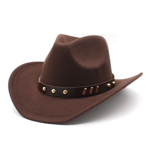 Western Cowboy Hat Wide Brim Woolen Felt Fedora With Leather Belt Metal Rivets Vintage Jazz Cap Outdoor Travel For Men Women