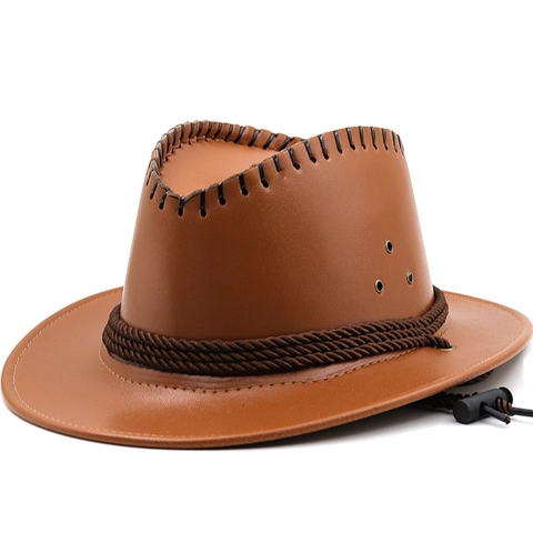 Western Cowboy Hat Faux Leather Wide Brim Retro Outdoor Knight Hat With Adjustable Windproof Rope Woven Band Unisex