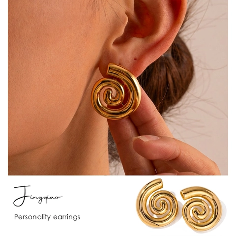 Spiral Swirl Earrings 18K Gold Plated Stainless Steel Geometric Round Studs For Women Minimalist Fashion