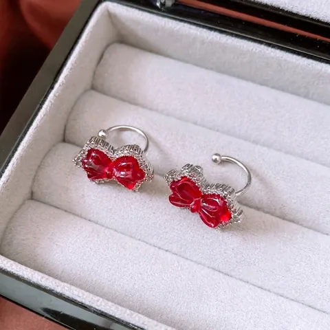 Schleife Ohrclips Rot Harz Kupfer Zirkon Ohne Ohrloch Ohrmanschetten Süßer Cooler Modeschmuck