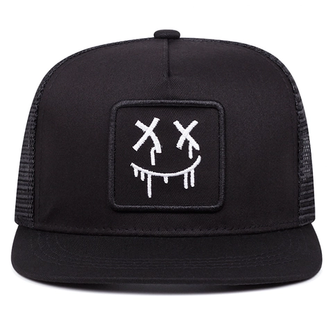 Cappello Trucker Mesh Visiera Piatta Regolabile Snapback Ricamato Faccina Sorridente Streetwear Baseball Unisex