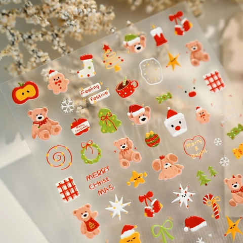 3D Embossed Nail Stickers Christmas Theme Cartoon Bear Santa Claus Tree Snowflakes Retro Cute Manicure Decoration Decals