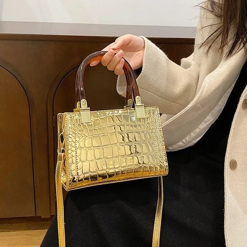 Bolso Bandolera Con Patrón De Cocodrilo Para Mujer Cuero PU Brillante Bolso De Mano Con Asa De Resina Retro Cuadrado