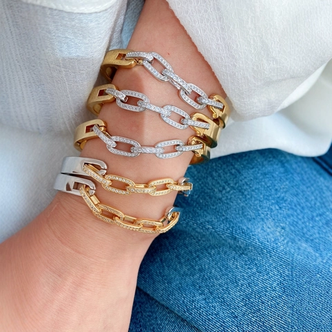 Geometric C-Shape Open Bangle Bracelet Copper 18K Gold Plated Micro Pave Cubic Zirconia Two Tone Fashion Jewelry Women