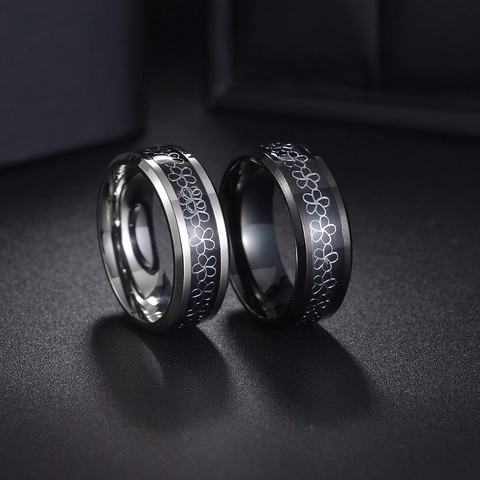 Vintage Titanium Steel Band Ring With Drip Oil Flower Pattern Retro Black Silver Stainless Steel Jewelry For Men Women