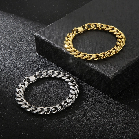 Roestvrijstalen Cubaanse Schakelketting En Armband Voor Heren Punk Hip Hop Streetstyle Goud Zilver