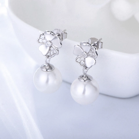 925 Sterling Silver Flower Artificial Pearl Drop Earrings Elegant Rhinestone Inlaid Floral Earrings For Women Wedding Jewelry