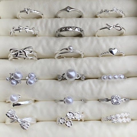 Koreanischer Stil Versilberte Kupfer Offene Ringe Für Damen Minimalistisch Künstliche Perle Strass Schmetterling Verstellbarer Fingerring Schmuck