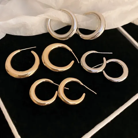 Fashion Geometric C-Shape Hoop Earrings With 925 Sterling Silver Earring Post Polished Chunky Stud Jewelry For Women