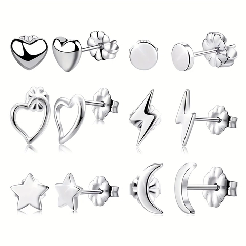 Minimalist Stainless Steel Stud Earrings Silver Heart Moon Star Lightning Round Geometric Jewelry For Women Men