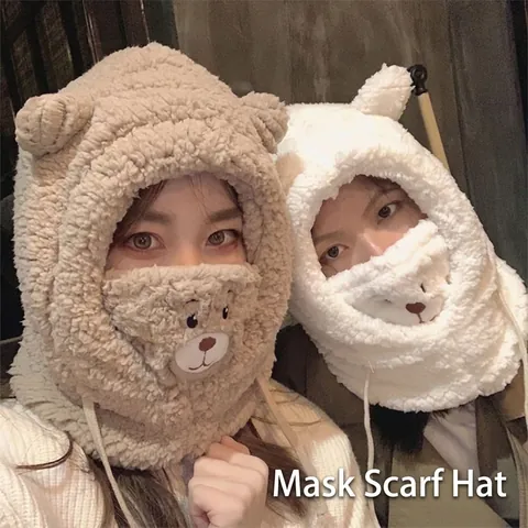 Gorro Bufanda Máscara Integrado Sherpa Vellón Grueso Cálido Invierno Exterior Cortavientos Felpa Oreja De Oso Con Capucha Mujeres