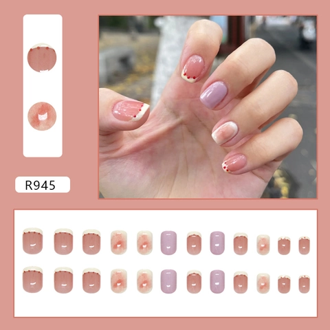 Glanzende French Style Press On Nagels Crème Paars Marmer Smudge Polka Dot Patroon ABS Verwijderbare Kunstmatige Valse Nagels
