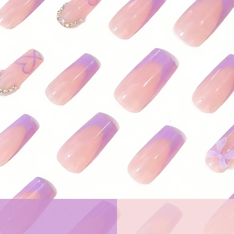 Τεχνητά Νύχια Lavender French Tip Long Coffin Με Τρισδιάστατο Φιόγκο Και Στρας Σχέδιο Καρδιά Για Γυναίκες