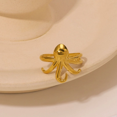 Anello Polpo Acciaio Inossidabile Fascia Aperta Regolabile Non Sbiadisce Colore Oro Gioielli Punk Animali Donna Uomo