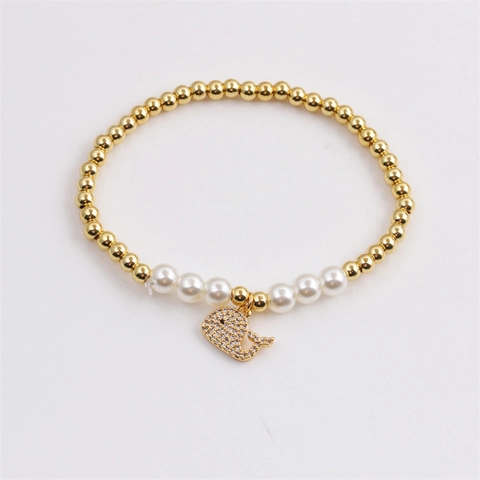 Beaded Bracelet Golden Copper Beads White Imitation Artificial Pearl Zircon Whale Charm Elastic Fashion For Women