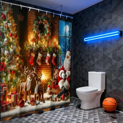 Christmas Shower Curtain Waterproof Polyester 3D Printed Santa Claus Reindeer Festive Bathroom Decor With Hooks