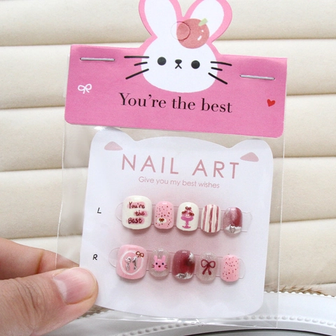 Pink Hase Press On Nails Kurz Quadratisch Cat Eye Schimmer Schleife Grafik Süße Künstliche Fingernägel Damen Mädchen