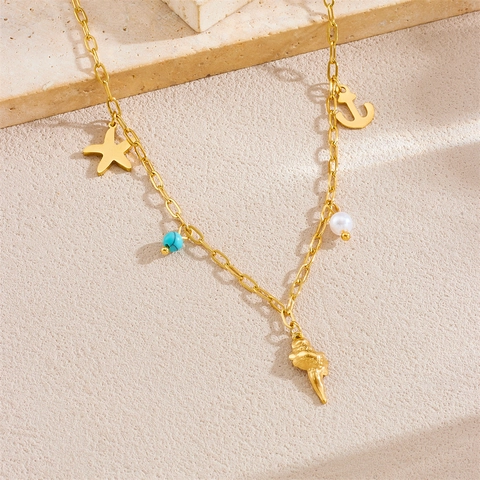 Collar Tema Océano De Acero Inoxidable Con Colgantes De Estrella De Mar Ancla Concha Perla Artificial Y Cuenta Turquesa