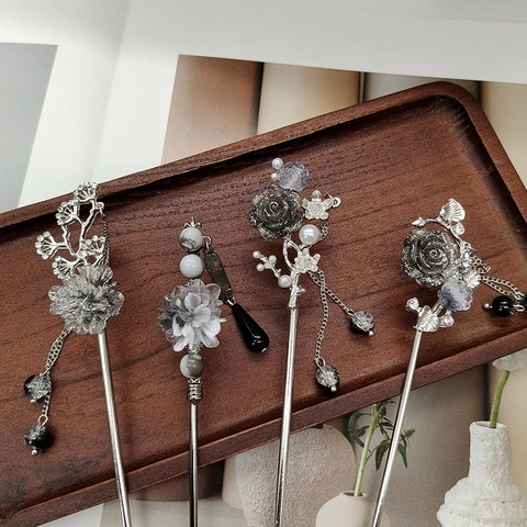 Vintage Chinese Style Hair Stick Alloy Flower Resin Ink Painting Tassel Hairpin For Hanfu Women Hair Accessories